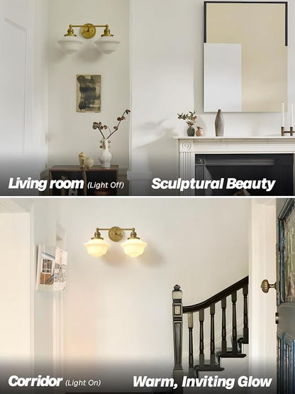 Vintage 2-Lights Wall Sconce Lights Brass Gold Bathroom Vanity Light with Milk Glass Double Sconce Wall Mounted Lamp for Bedroom Living Room Bathroom Mirror Kitchen Hallway Hardwire