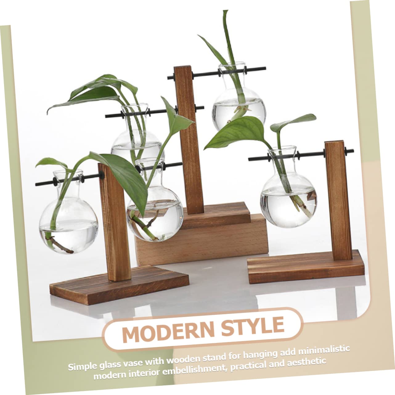 Hemoton 2pcs Hydroponic Glass Vase Wooden Base Stand Modern Plant Terrarium Tabletop Vase for Indoor Gardening Stylish