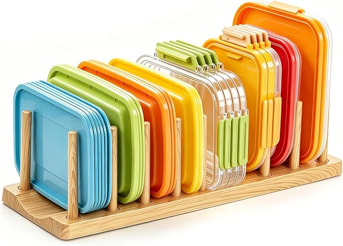 HOMQUEN Pot Lid Organizer, Sturdy Plastic Pan Lid Organizer Rack, 8 Adjustable Compartments - For Cabinet and Countertop, Pot Lids, Pans, Plates, Bowls, Cups, Cutting Boards and Books
