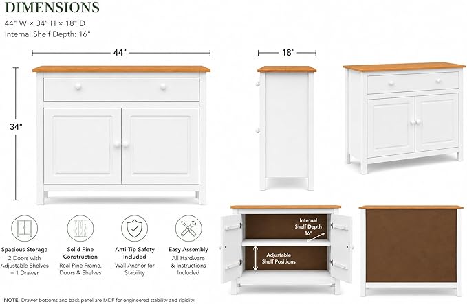 From the Tree Furniture 44" Wide White & Pine Top Solid Pine Shaker Sideboard