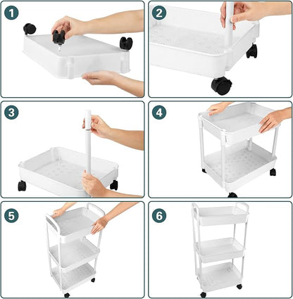 EZ COZY 3 Tier Rolling Cart, Plastic Diaper Cart Organizer with Wheels, Roller Cart for Diapers, Baby Nursery, Kitchen, Bathroom, Living Room and Bedside, White