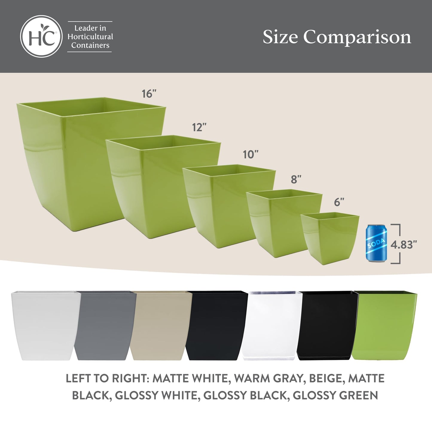 The HC Companies Aria Square Plant Pot w/Drainage - Planters for Outdoor Plants & Indoor Plants - Lightweight & UV-Resistant Plastic Pots for Plants (16" Glossy Black, Pack of 1)
