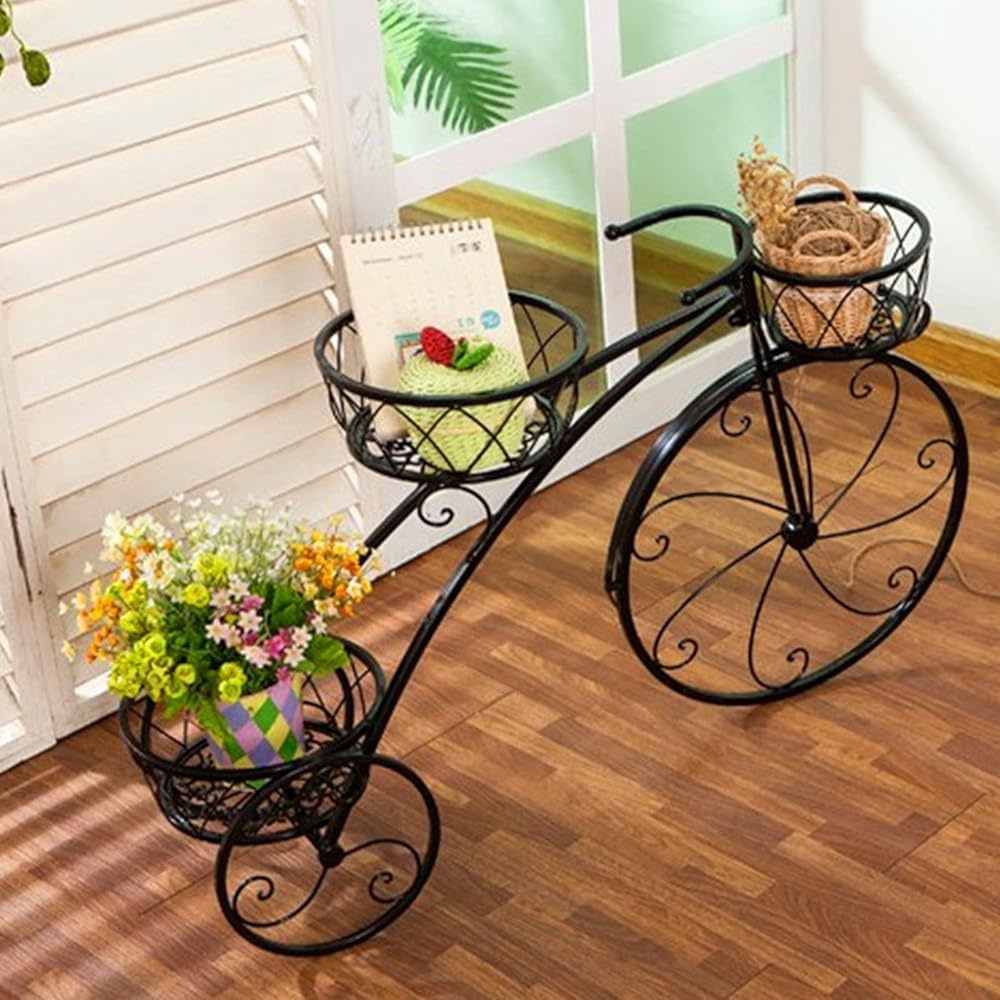 QUANBU Bicycle-Shaped Metal Planter Rack - 3-Tiered Plant Flower Display Stand, Indoor & Outdoor Garden Shelf Holder(Color:Black)