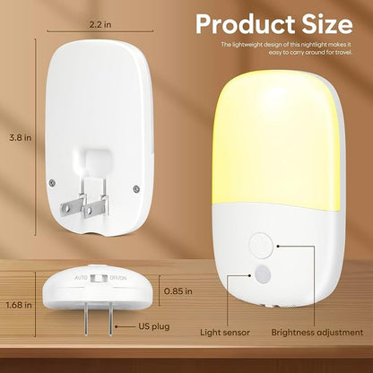 LED Night Light Plug into Wall, 4 Pack Dusk to Dawn Sensor Nightlight with Retractable Plug & 3 Adjustable Brightness, Dimmable 3000K Warm Lights for Adults Kids Bedroom Stair Hallway Kitchen