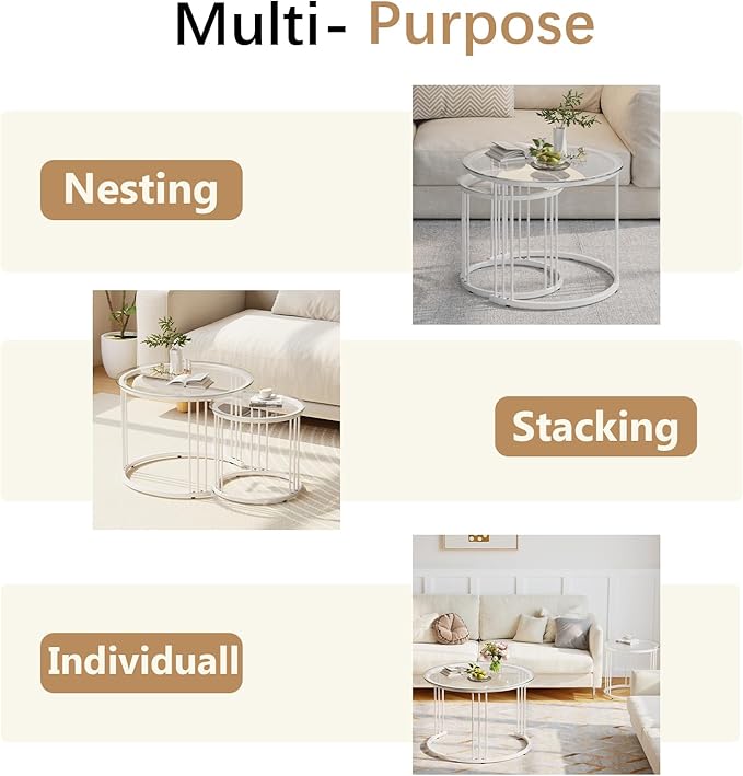 Garden 4 you Nesting Coffee Table, 23.6" Round Coffee Table Set of 2, Glass