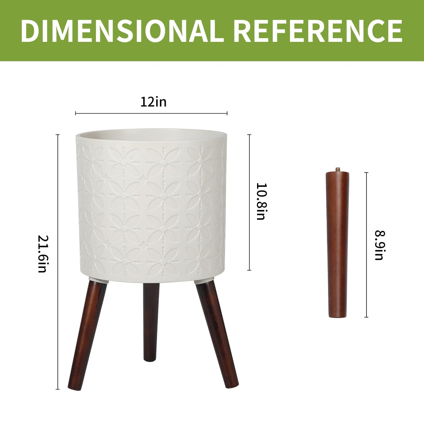nacltlo 12 Inch Planter Pot with Stand, Planter for Indoor Plants, Modern Large Flower Planter Pot with Drainage Holes for Outdoor,Matte White