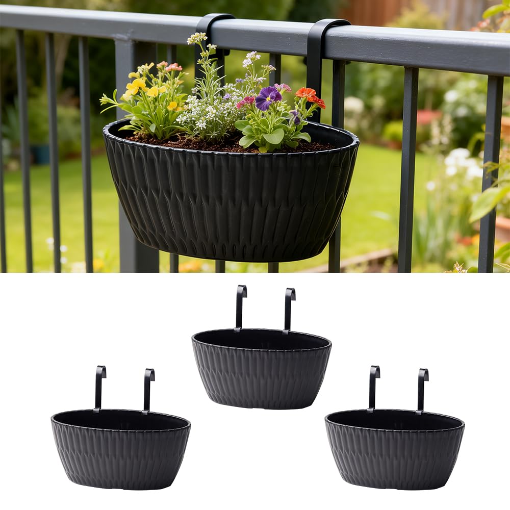 YUNLINGAA 9 Inch Hanging Flower Pots, 3 Pcs Black Railing Fence Hanging Bucket Planter with Detachable Hooks, Countryside Window Plant Holder for Outdoor Garden Yard Home Decor