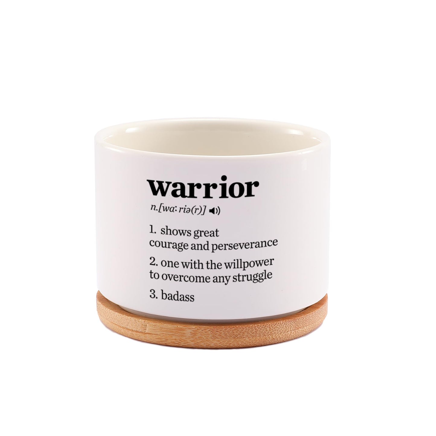 Warrior Definition Inspirational Gifts Ceramic Succulent Plant Pot with Bamboo Tray Round Motivational Encouragement Gifts Cancer Survivor Sobriety Home Decor Plant Lover 3.5 Inch White (No Plants)
