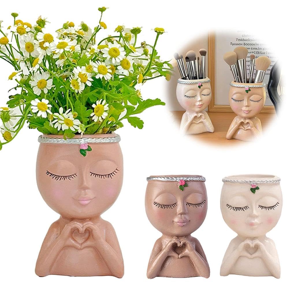 Face Planter, Head Planter, Resin Head Planters for Indoor Plants, Cute Flower Pots with Drainage, Girl Heads Flower Pots, Decorative Makeup Brush Holder Gardening Gifts for Women Mom (Coffee)