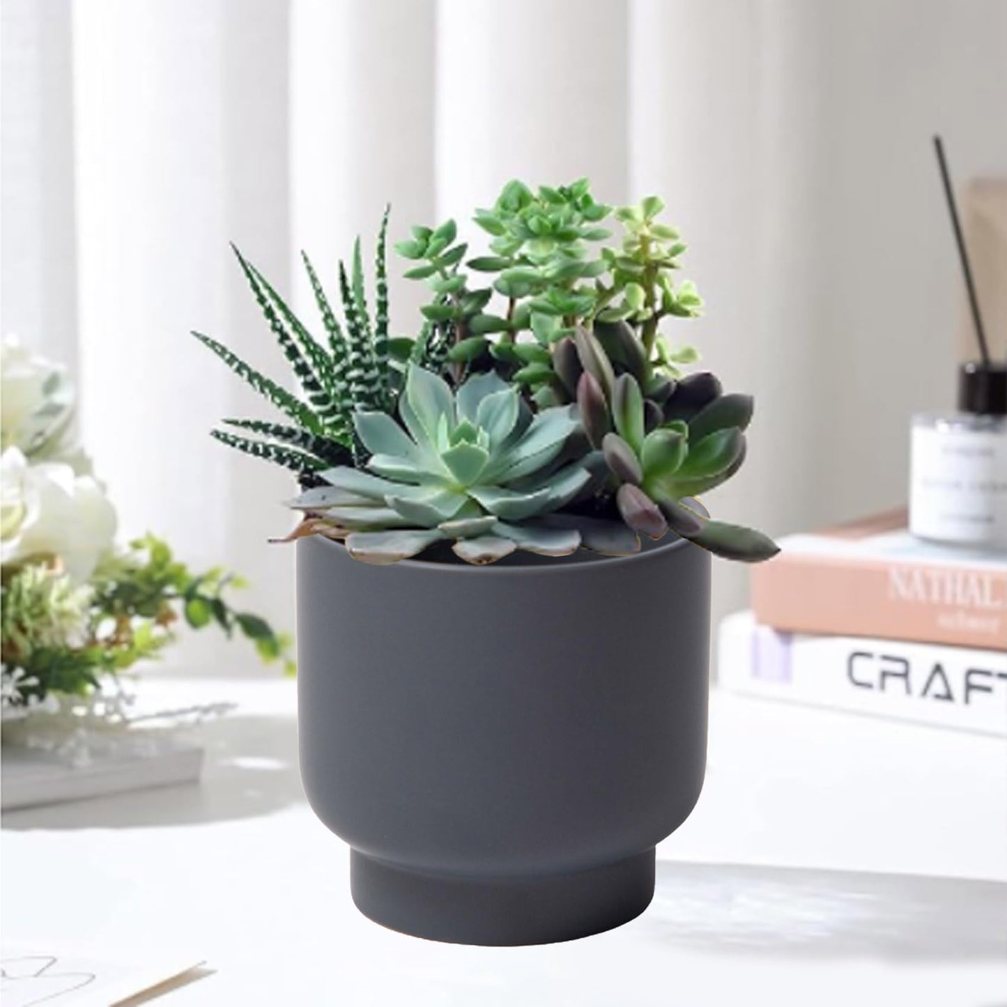 LB Grey Ceramic Planters for Indoor Plants, Succulent Plant Pots Ceramic Flower Pots, Modern Plant Pot for Living Room Office Home Decor, Round Flower Pot of 4.3 Inch(Plant Not Included)