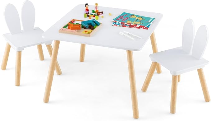 Costzon Kids Table and Chair Set, 3 Pieces Wooden Activity Table & 2 Rabbit