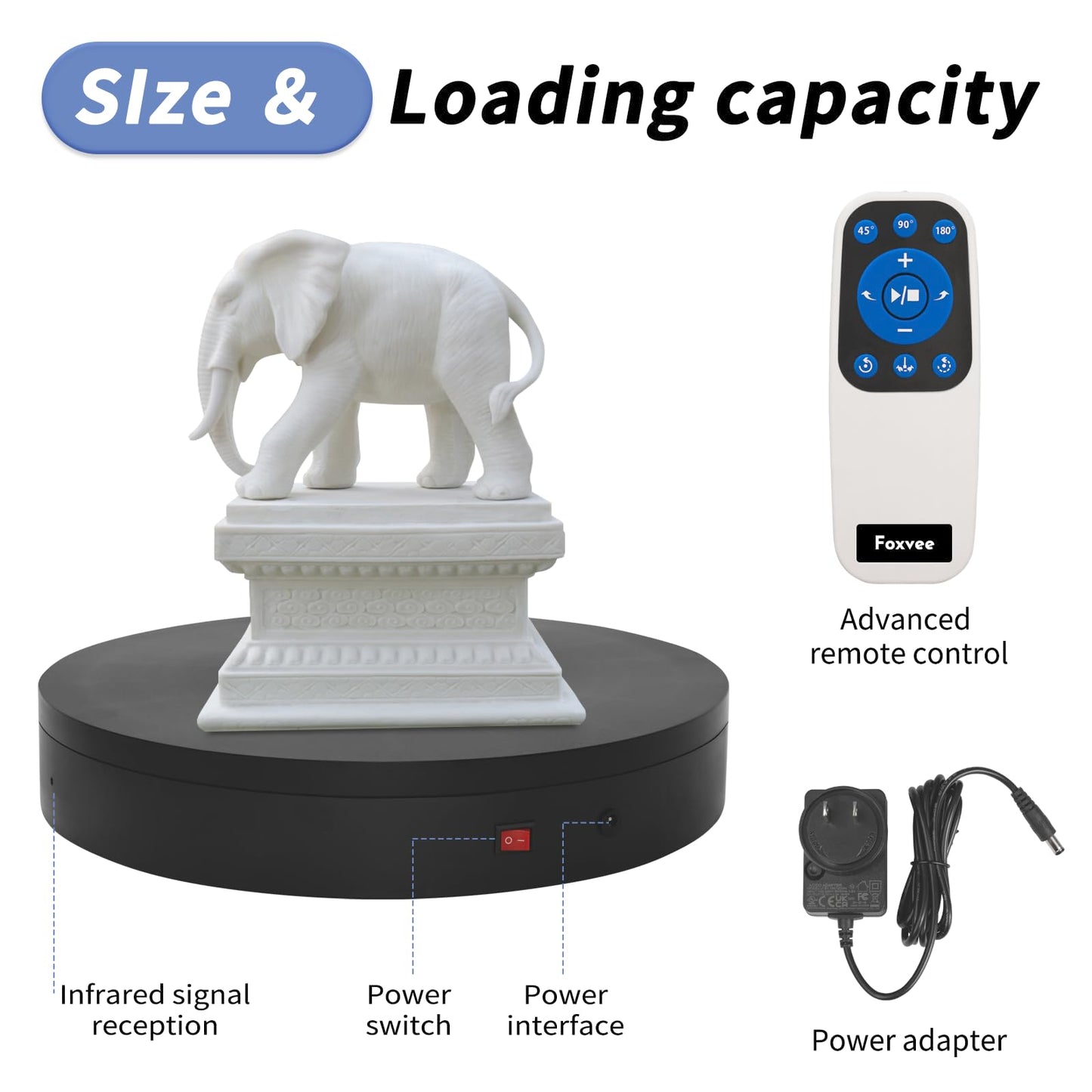Foxvee Remote-Controlled Motorized Turntable,Electric Rotating Display Stand,Speed-Adjustable Rotating Platform,Multi-Mode 360° Photography Turntable for 3D Scan,Photography,Showcase(15.8inch/Black)