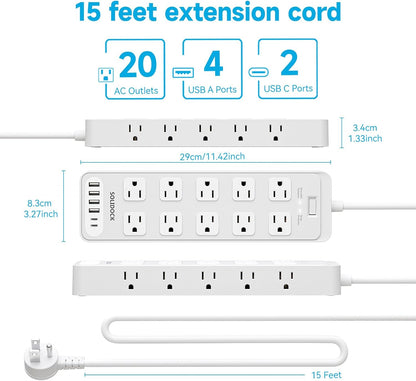 Power Strip Surge Protector Flat Plug with 20 AC Outlets 6 USB Chagring Ports, 1875W/15A, 2700J, 15 Ft Heavy Duty Extension Cord for Home, Office, Dorm, Gaming,ETL Listed (White, 15Feet)