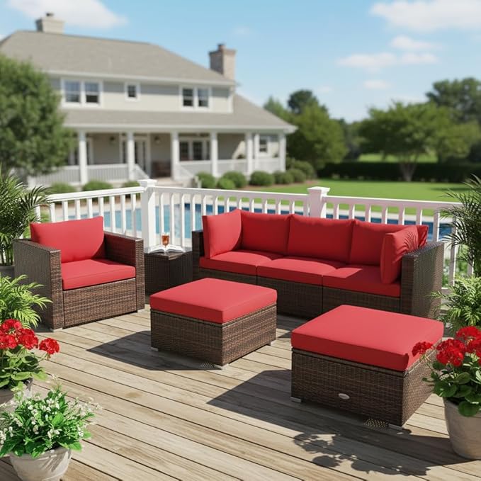 Tangkula 6 Pieces Wicker Patio Furniture Set, PE Rattan Outdoor Sectional