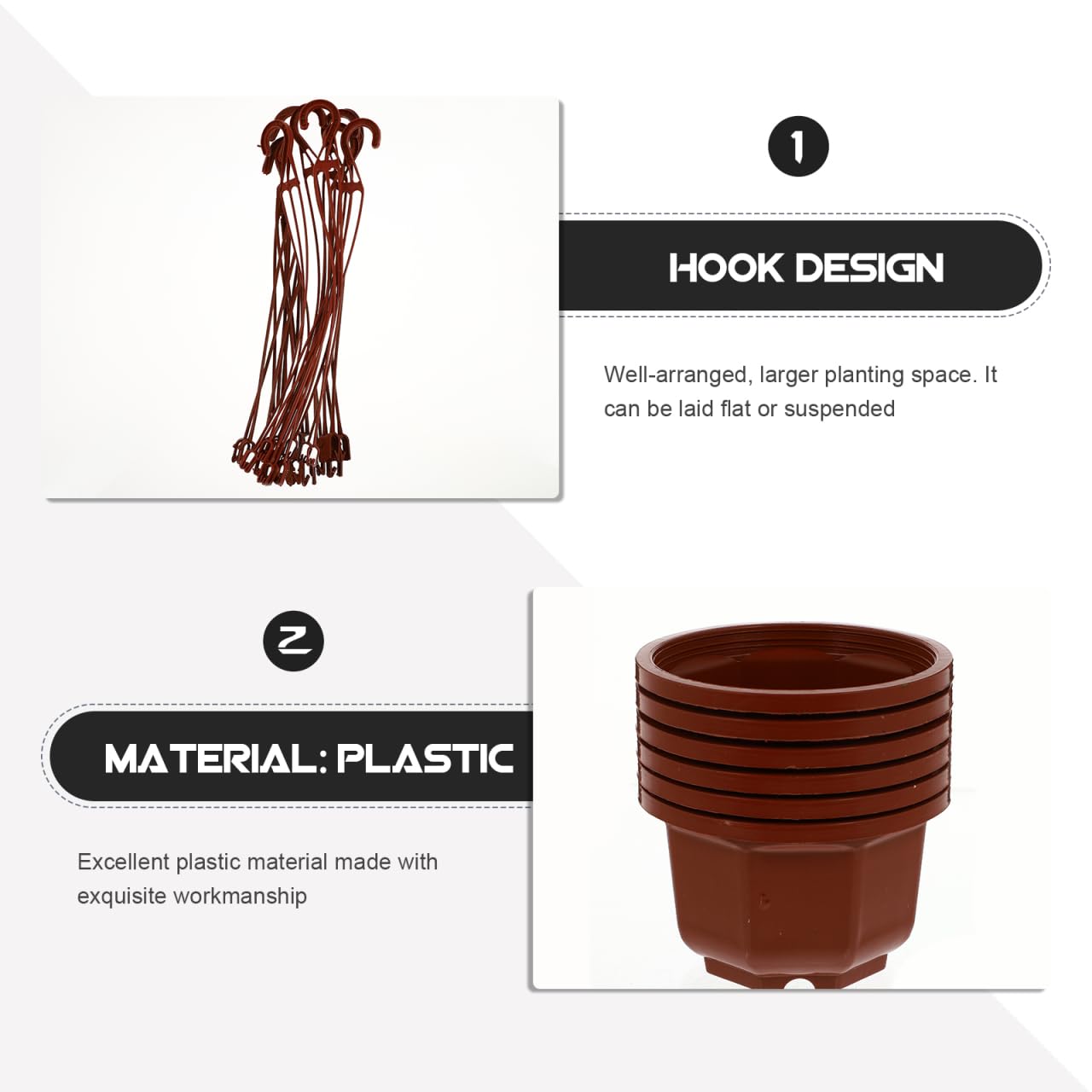 Wakauto 6Sets Plastic Hanging Flowerpots - Metal Hook & Chain Planters with Drainage Holes & Non-Slip Feet, Breathable for Succulents & Orchids, Indoor/Outdoor Home & Garden Use