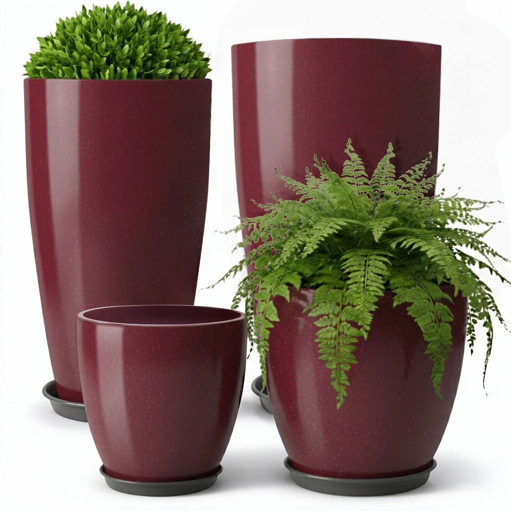 ZMTECH 24 21 12 10 Inch Tall Plant Pots for Indoor & Outdoor Use Set of 4, Large Plastic Planters with Drainage Hole and Saucer for Outside,Front Porch, Patio, Garden, Wine Red
