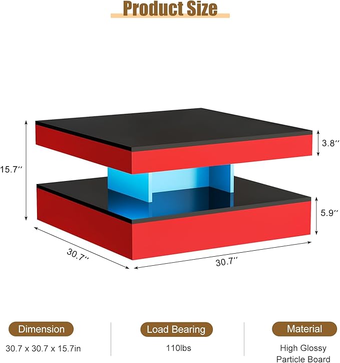 HedoAjim Red LED Coffee Table for Living Room, Living Room Table 2-Tier Square