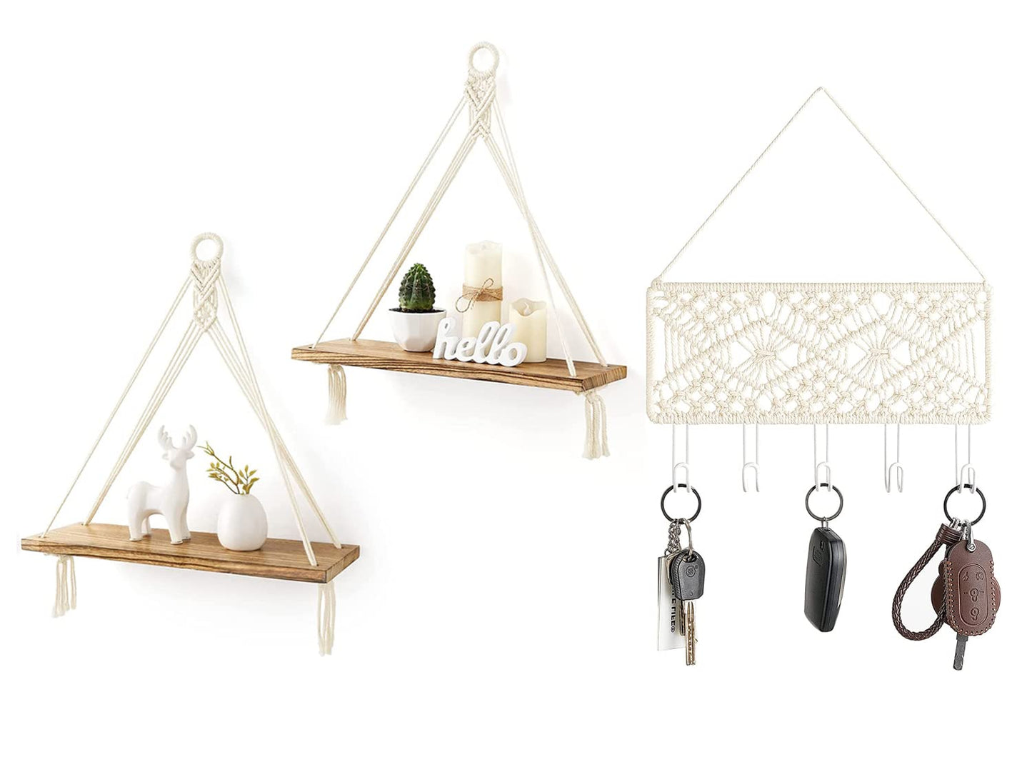 Mkono Macrame Hanging Shelves Key Holder Boho Wall Decor