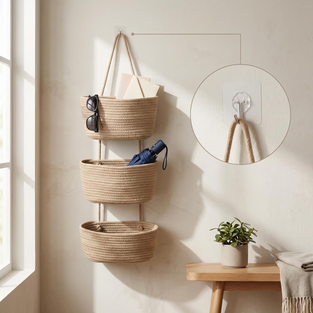 Britwicfr Hanging Wall Basket, Over the Door Hanging Basket with Hooks, Cotton Back of Door Organizer for Living Room, Bedroom, Boho Wall Decor, Toy Storage, Jute