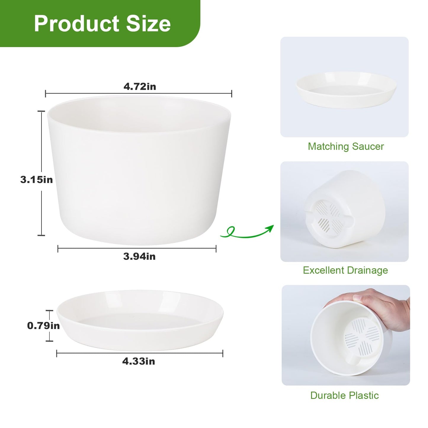 Oliz 4.7 Inch Plastic Plant Pots, Round Classic Planters with Drainage Holes and Saucers for Indoor Outdoor Plants, Perfect for African Violet, Snake Plant, Succulents (White 8 Pack)