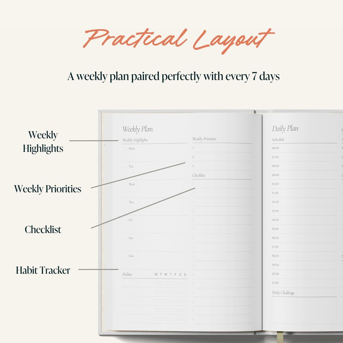 Yop & Tom Undated Daily Planner - Productivity Planner - Weekly and Daily Organizer with Time Slots - Sand