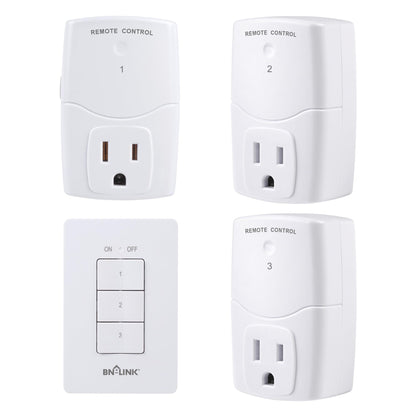 BN-LINK Mini Wireless Wall-Mounting Remote Control Outlet Switch Power Plug in for Household Appliances, Wireless Remote Light Switch, LED Light Bulbs, White (3 Outlets)