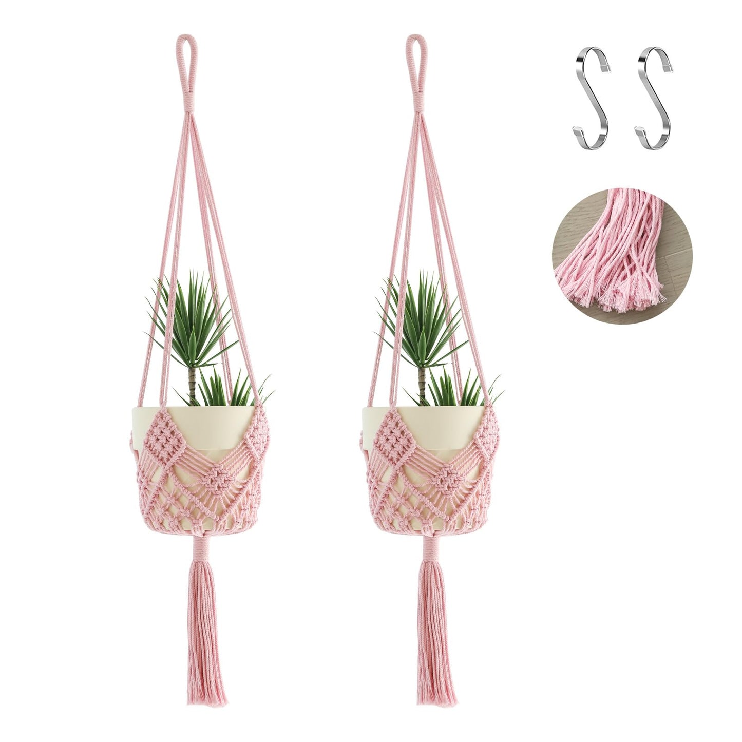 Hanging Planter with Patterns,2Packs Macrame Plant Hangers Indoor Macrame for up to 8 inch Pot Crochet Boho Plant Hanger Holder for Indoor Outdoor with 2S Shaped Stainless Steel Hooks (Pearl Pink)