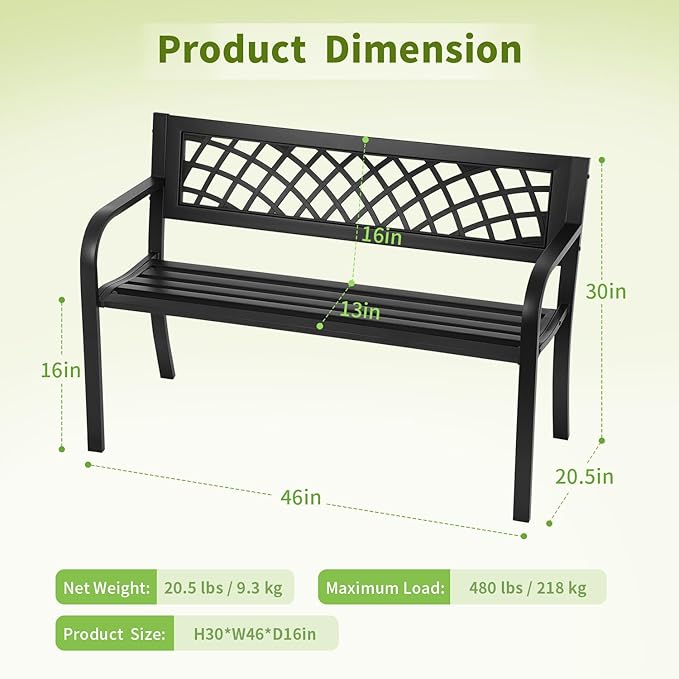 Garden Bench, Outdoor Benches, Iron Steel Frame Patio Bench