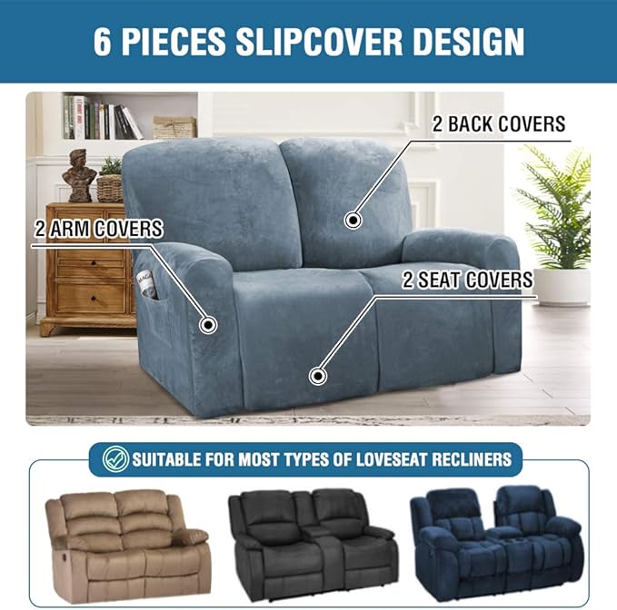 H.VERSAILTEX Velvet Stretch Recliner Couch Covers 6-Pieces Recliner Loveseat