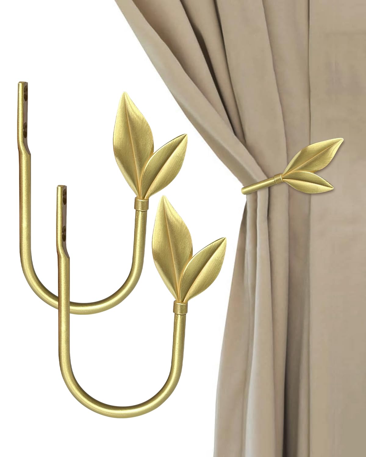 Gold Curtain Holdbacks 2 Pack, Metal Olive Leaf Curtain Tiebacks Wall Mounted, Curtain Holders for Wall, Curtain Pull Back Hooks, Decorative Curtain Side Hooks for Drapes and Curtains