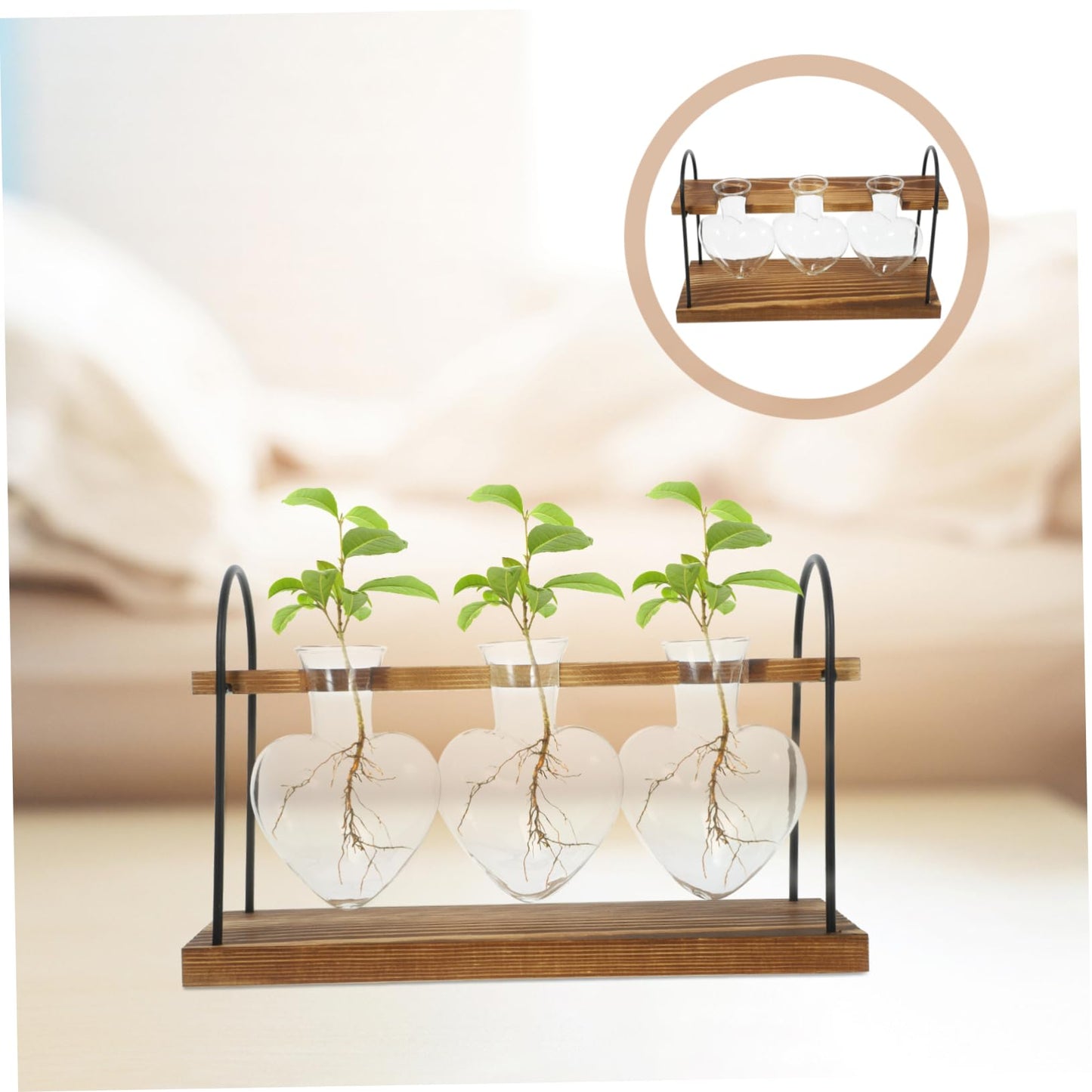 JOINPAYA 1Set Heart-Shaped Glass Plant Terrarium with Wooden Stand Hydroponic Vase for Indoor Water Plants Air Plants Desktop Container for Home Office Decor