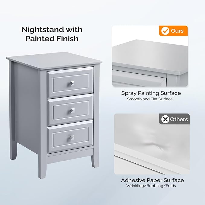 Bonnlo Gray Nightstand with 3 Drawers, Modern Night Stand