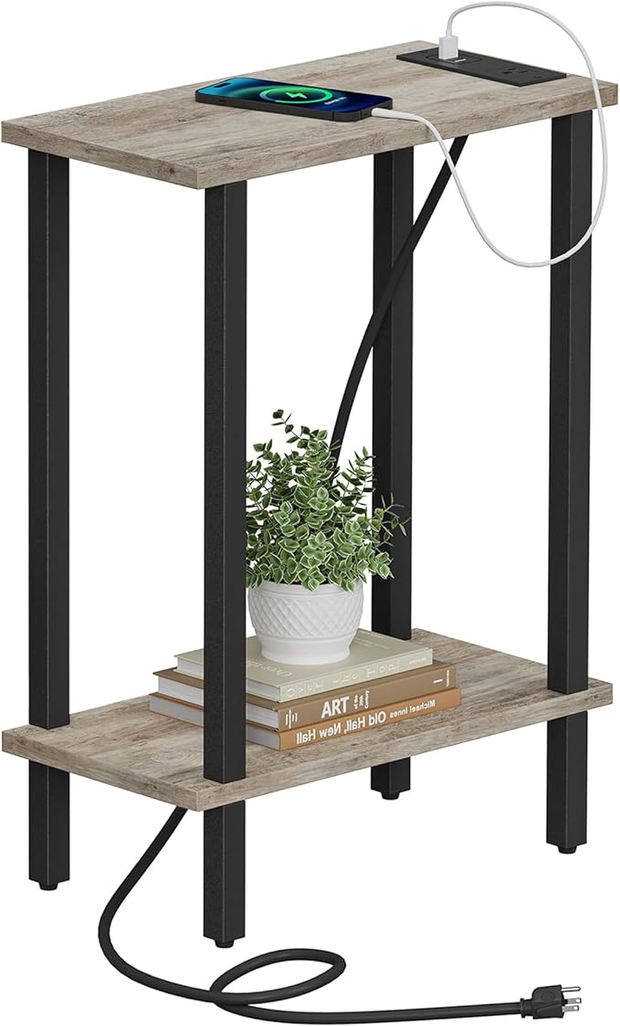 TUTOTAK Small End Table with Charging Station, Narrow Side Table with USB Ports