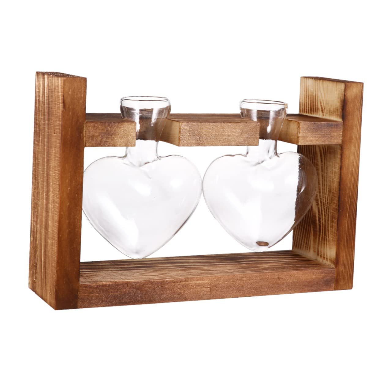 Ciieeo 2Pcs Heart Shaped Glass Hydroponics Planter with Retro Wooden Rack Temperature Resistant Vase for Flower Arrangement and Indoor Plant Propagation Decorative Terrarium for Home