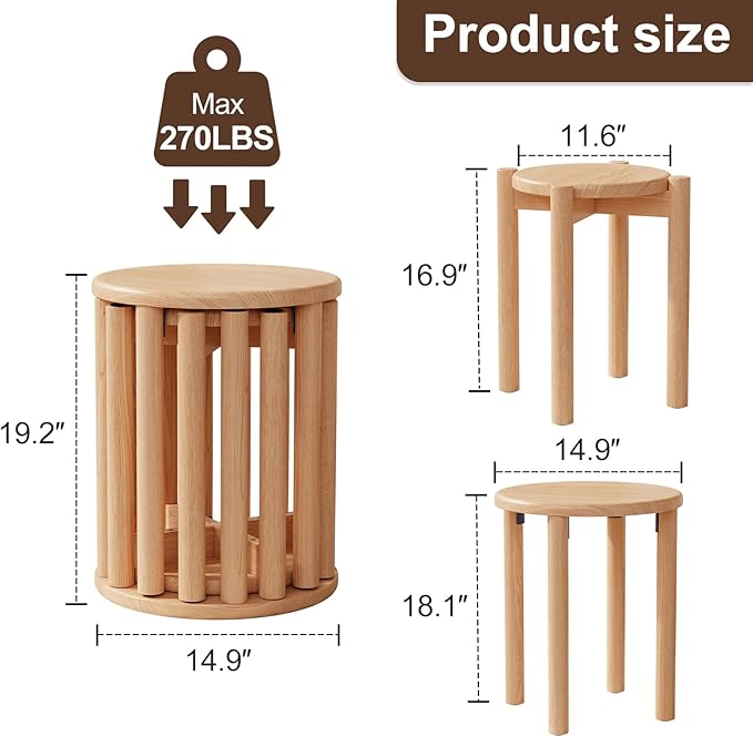 Stackable Stools Set of 4, 100% Solid Wood Stool No Installation Required