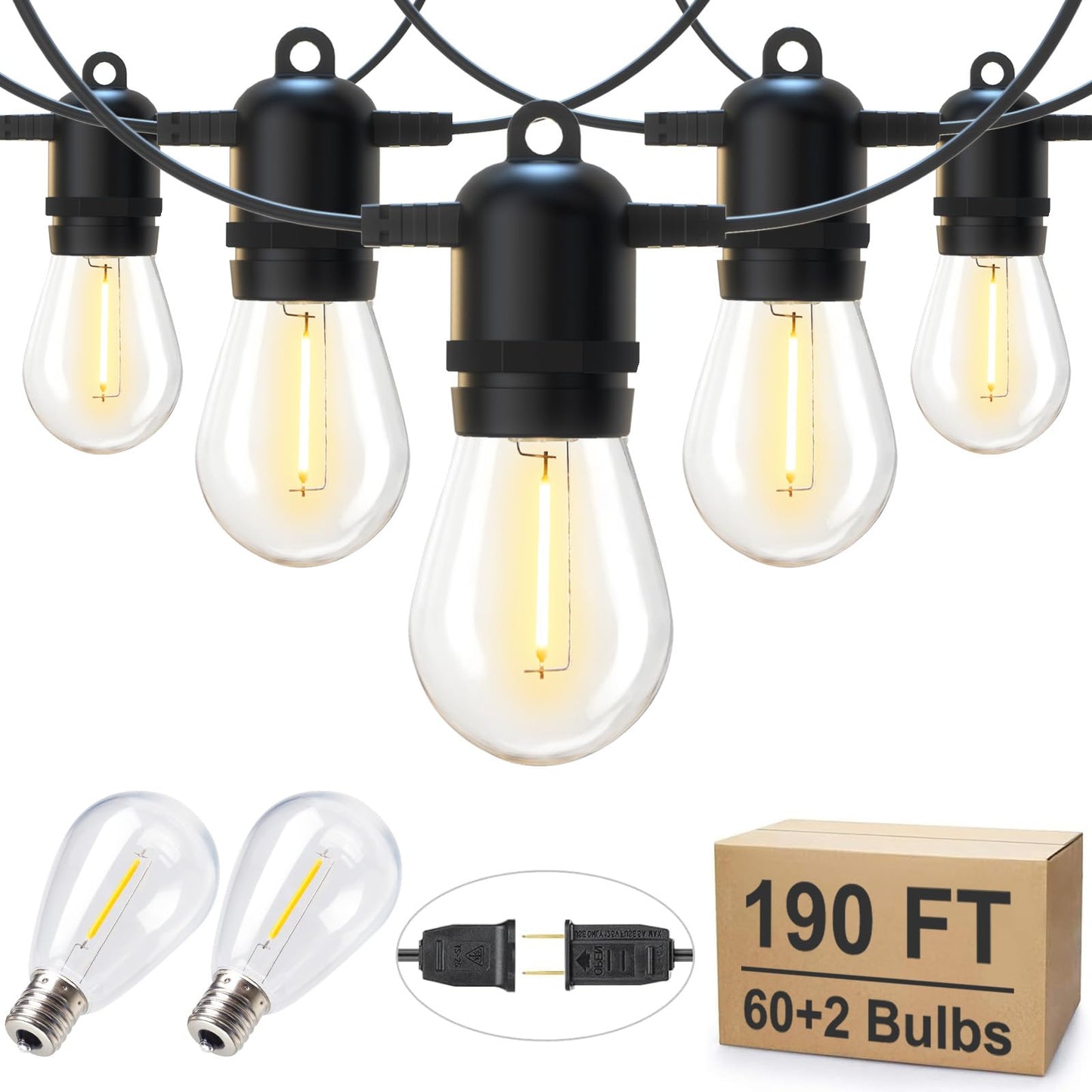 Brightown Outdoor String Lights 190FT with 60+2 Shatterproof Edison Bulbs, Waterproof Hanging Patio Lights Outside for Backyard Deck Garden Party Xmas Decor, 2700K