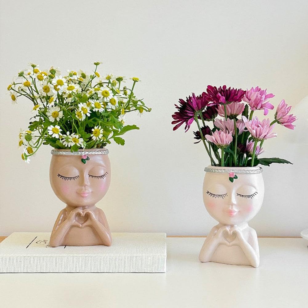 Face Planter Pot with Heart Hands, Unique Resin Head Planter for Indoor Plants, Cute S-ucculent Pots with Drainage Hole, Decorative Makeup Brush Holder for Vanity, for Women