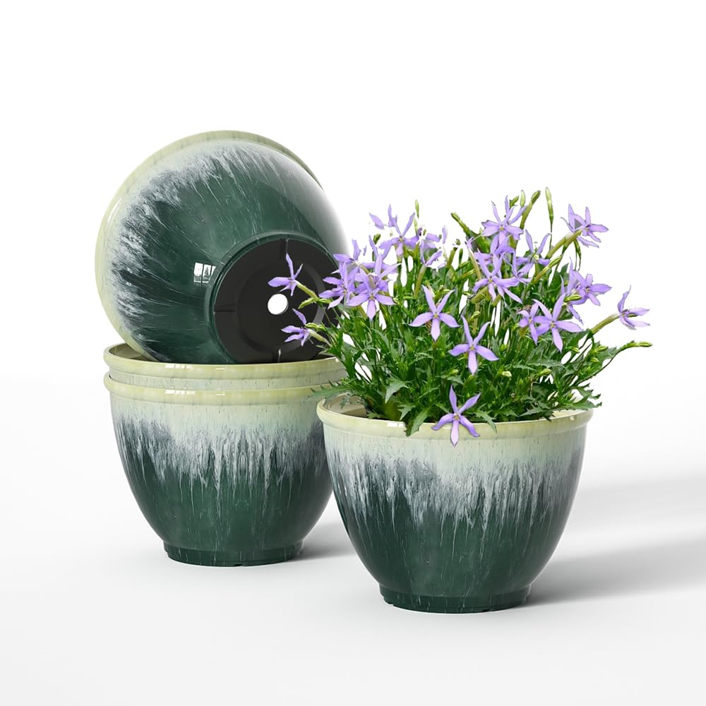 Flower Pots, 8 Inch Plastic Plant Pots for Plants, Set of 4 Planter for Indoor Outdoor Plants with Drainage Hole, Sleek Small Nursery Planting Pot for Home Garden Outdoor Planters(Green Glaze)