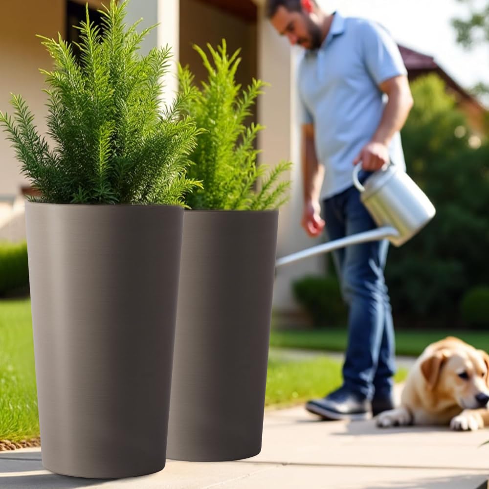 zzhugyin 2 Pack Tall 21.7 Inch Planter Pots, Modern Tapered Flower Pots for Indoor Outdoor Plants, Large Garden Patio Porch Planter Box (Brown)
