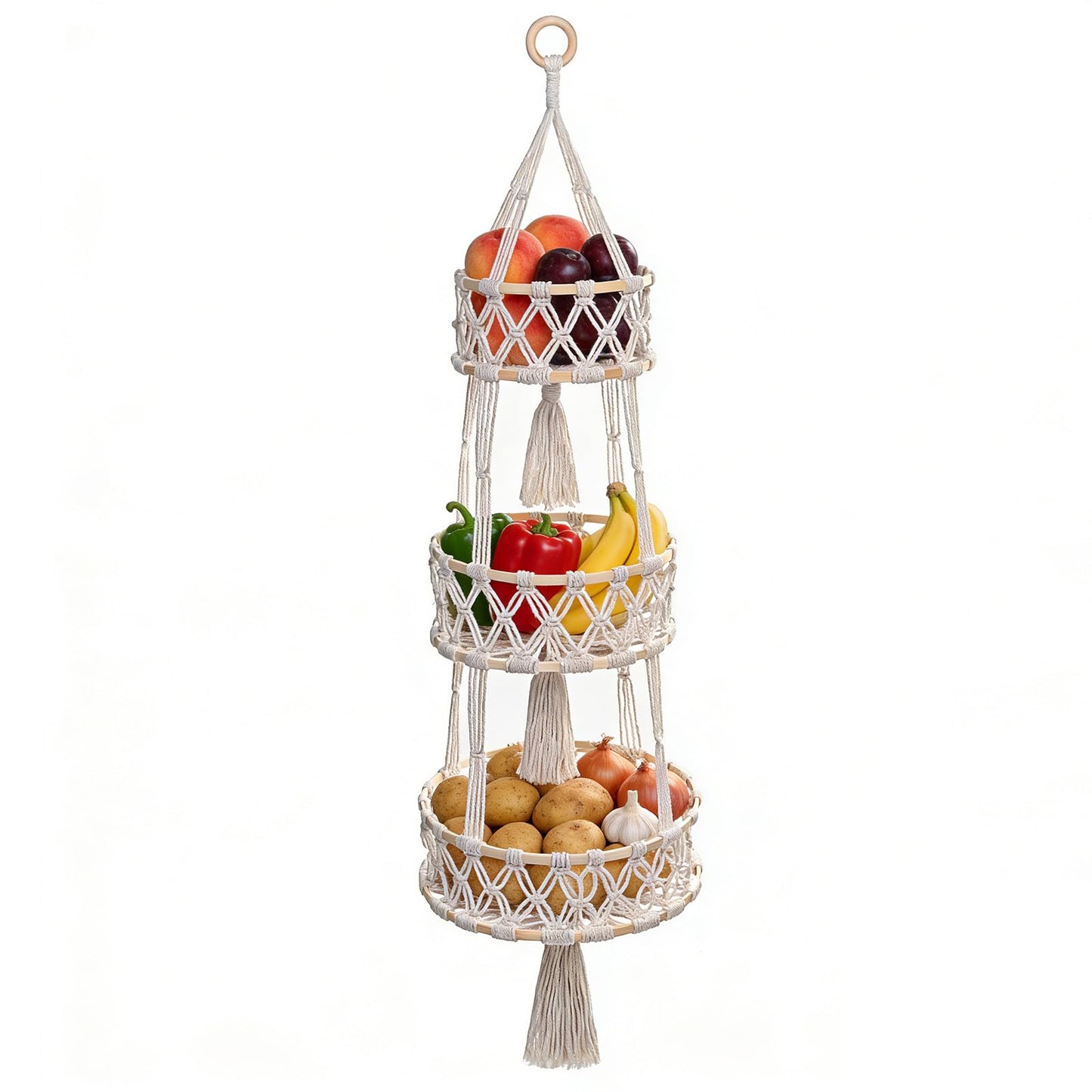 3 Tier Hanging Fruit Baskets for Kitchen, Macrame Plant Hanger Cotton Rope Handwoven Hammock Produce Storage Organizer Basket for Plants Holder, Vegetable, Onion, Potato (White)