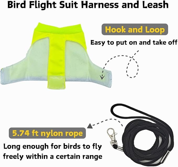Bird Harness and Leash - Adjustable Parrot Training Flight Harness Vest with Reflective Strip Nylon Training Rope for Medium Large Bird Parrot Cockatiel Monk Parakeet Sun Conure (S)