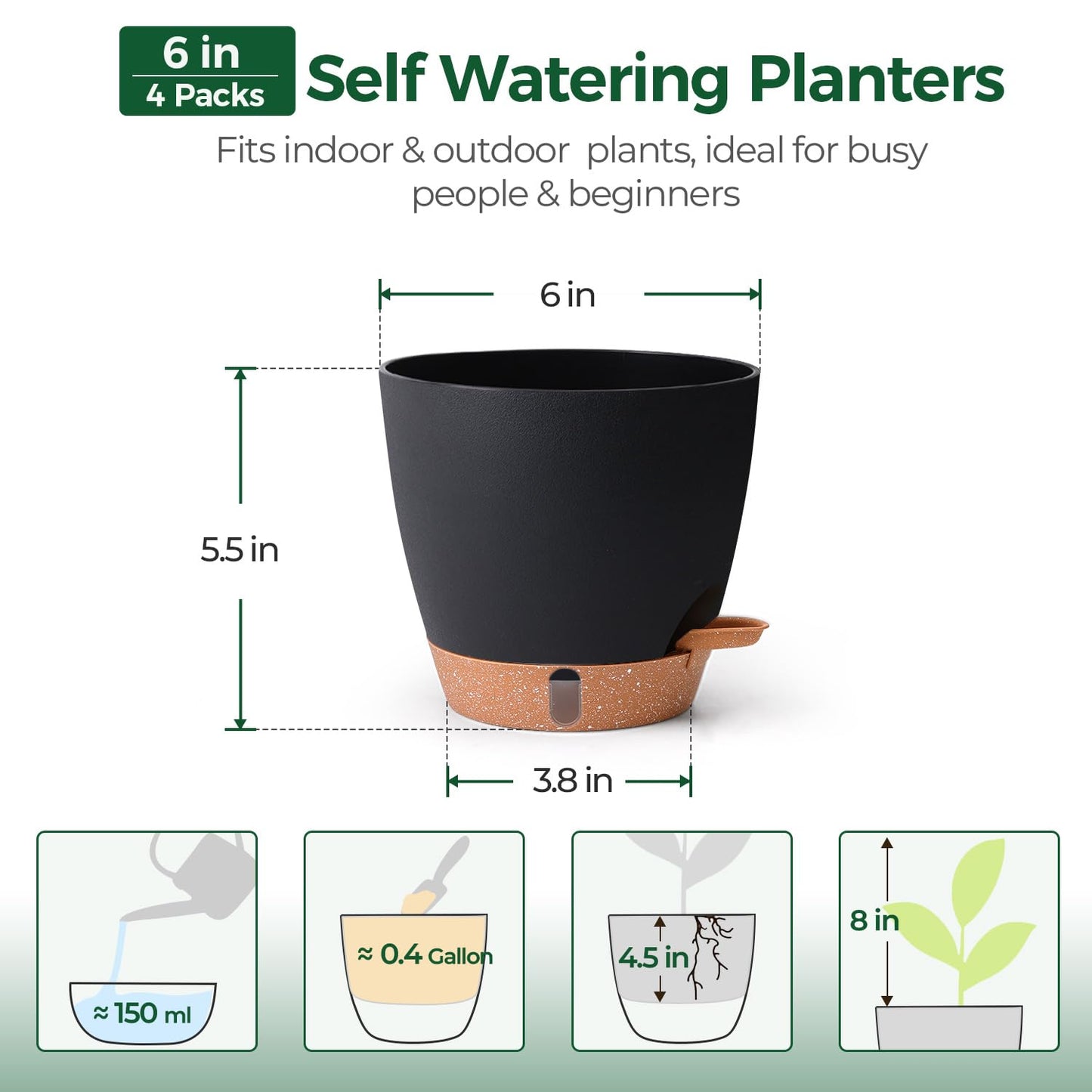 T4U 6 Inch Self Watering Pots for Indoor Plants - Mess-Free Bottom Watering Planter for Herbs/Pothos/Succulent Plants, Indoor Outdoor Use (Black, 4 Pack)