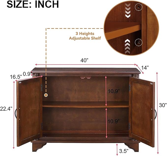 40" Solid Wood Buffet Storage Cabinet, Vintage Console Table
