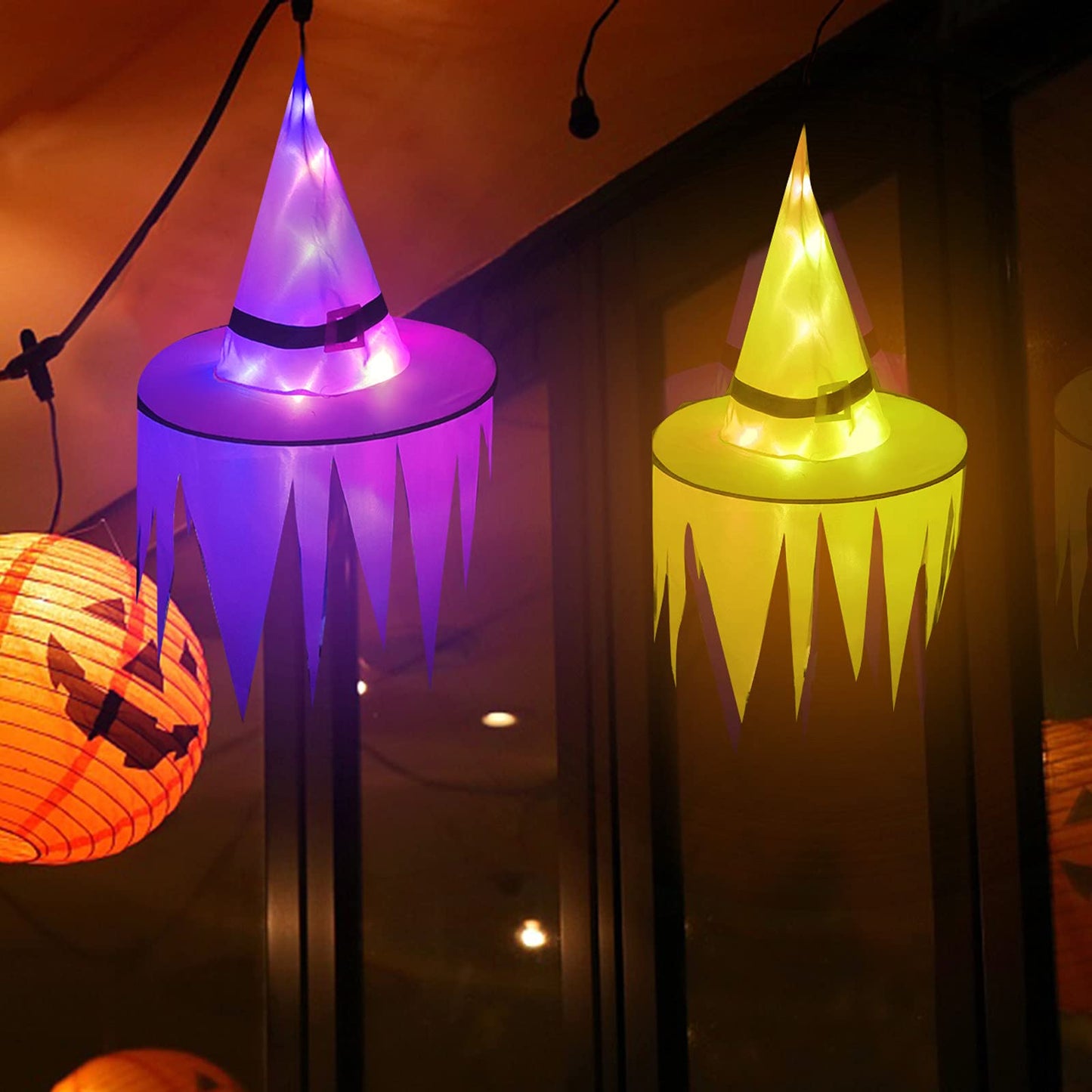 2PCS Hanging Witch Hats with Lights Halloween Decorations Outdoor Indoor Floating Witch Hat Waterproof Halloween Light up Witches Hat for Porch Yard Patio Garden Tree Home Party Supplies, Orange