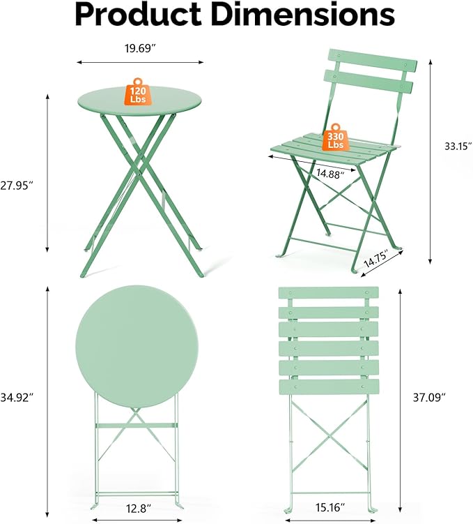 VINGLI Outdoor Folding Bistro Table and Chairs Set of 2, 3-Piece Bistro Set