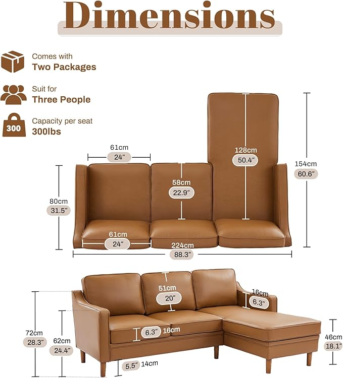 Kingfun 88" L-Shape Sofa, Faxu Leather Sectional Couch, Mid Century Modern