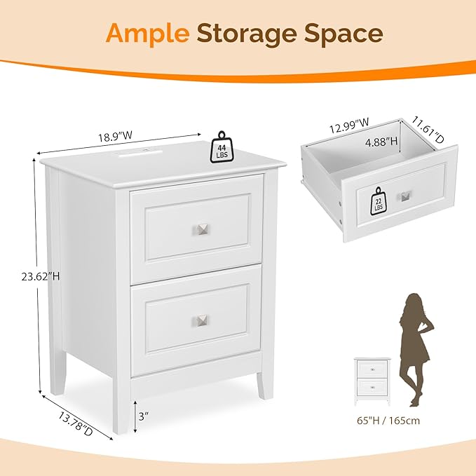 VINGLI 18.9" W White Nightstand Set of 2