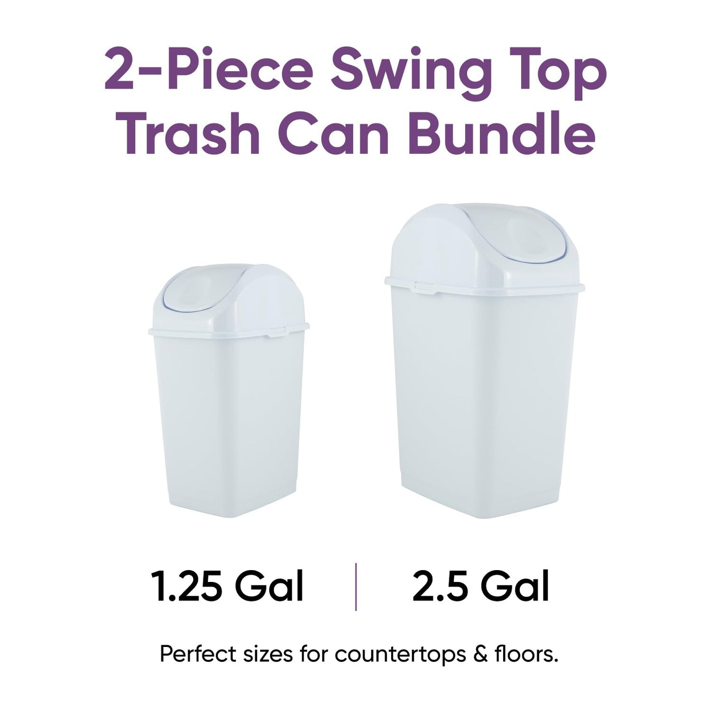 Superio Mini 1.25 Gallon and Small 2.5 Gallon Plastic Trash Cans with Swing Top Lid, Grey Waste Bin for Countertop, Desk, Vanity, Bathroom, 2 Pack (White)
