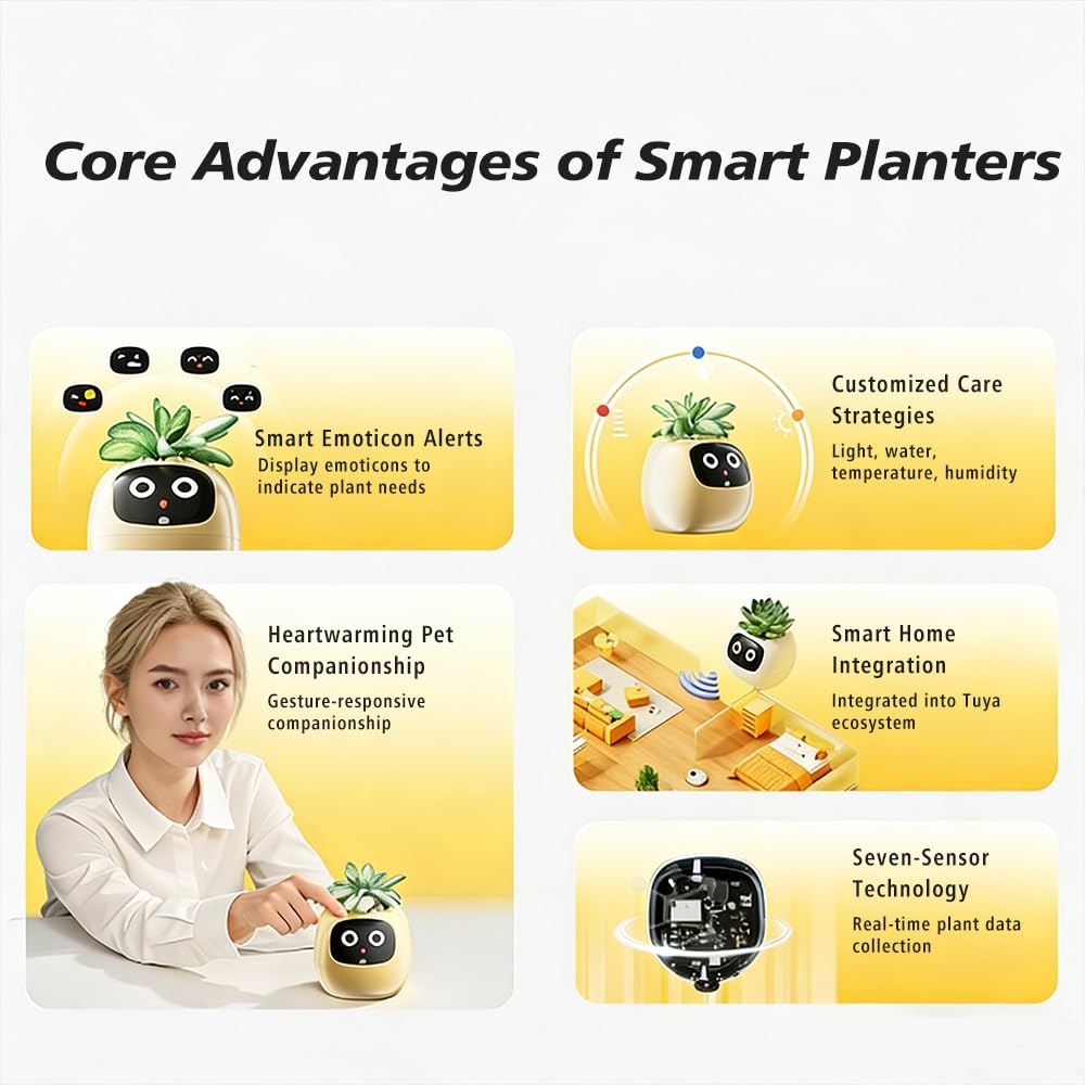 TPHRAVAL Intelligent Flower Pot, Electronic Bud, Maintenance Plant Assistant, Fun Interactive Flower Pot, Indoor Green Planting Monitoring, LCD Screen Display, Cell Phone APP Connection (White)