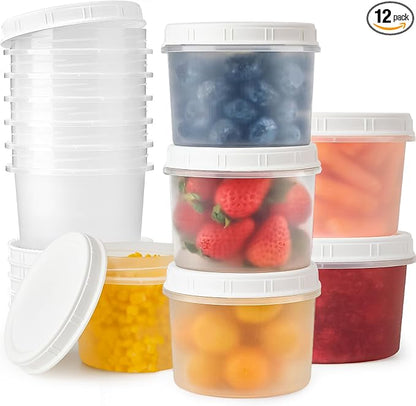 TUZAZO 12 Pack - 12 Oz Food Storage Containers with Screw Lids, Airtight Plastic Small Freezer Storage Container for Ice Cream, Overnight Oats, Snack, Soup, Portion and Meal Prep Container